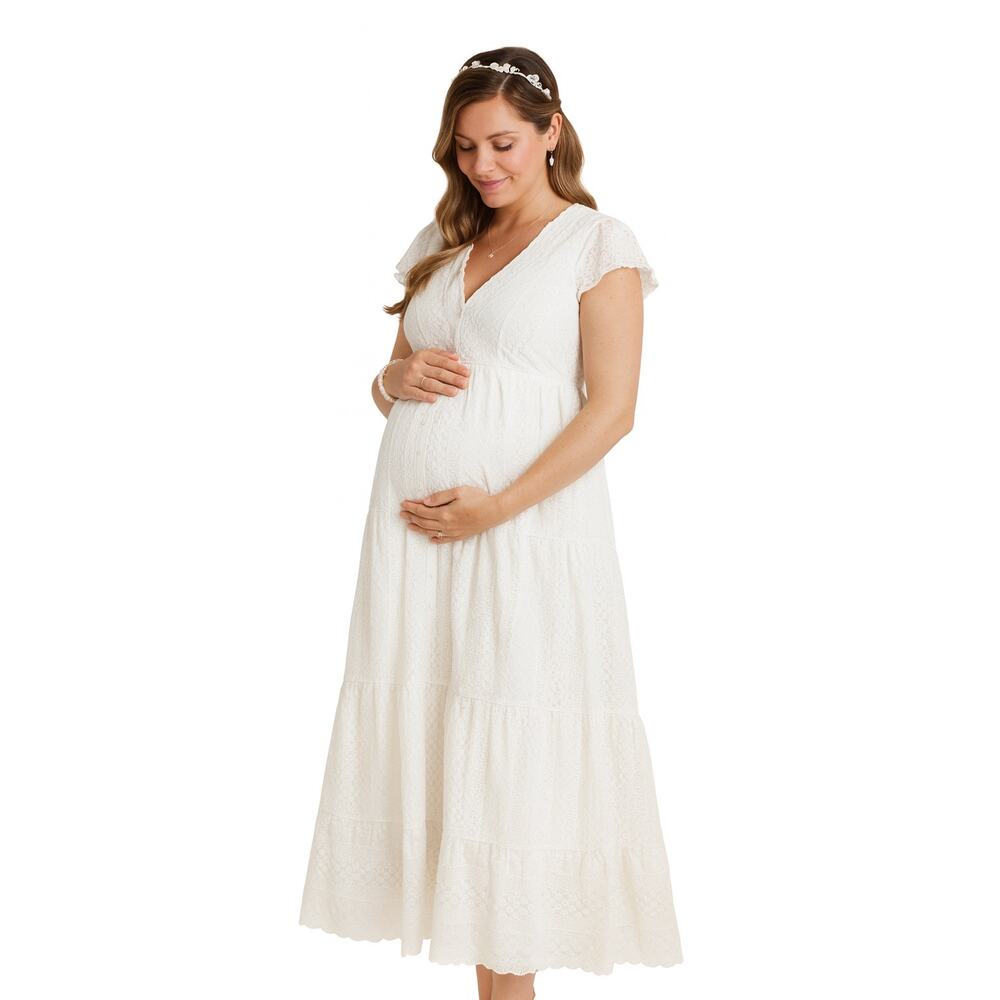 Seraphine White Eyelet Midi Maternity Dress